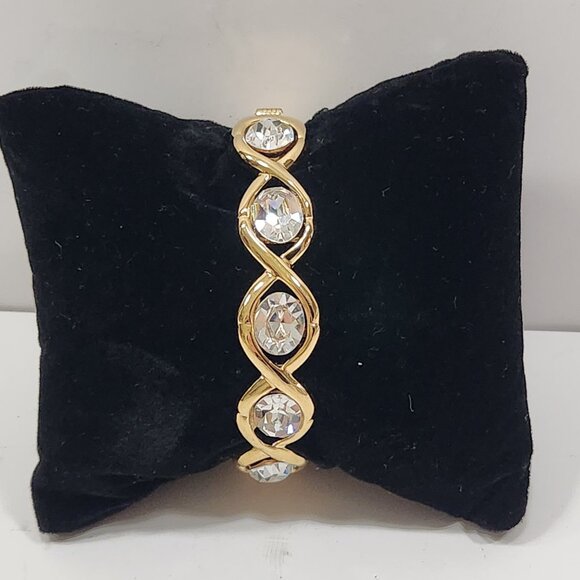 NWT Napier 80s Goldtone Swarovski Crystal Hinged Bangle Bracelet - Picture 3 of 11